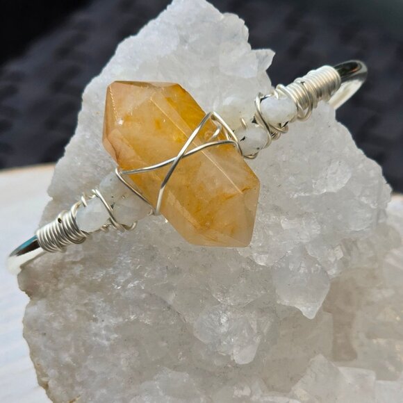 Citrine & Moonstone Wire Wrap Cuff – 925 Silver Over Copper – Energy & Balance - Picture 5 of 14